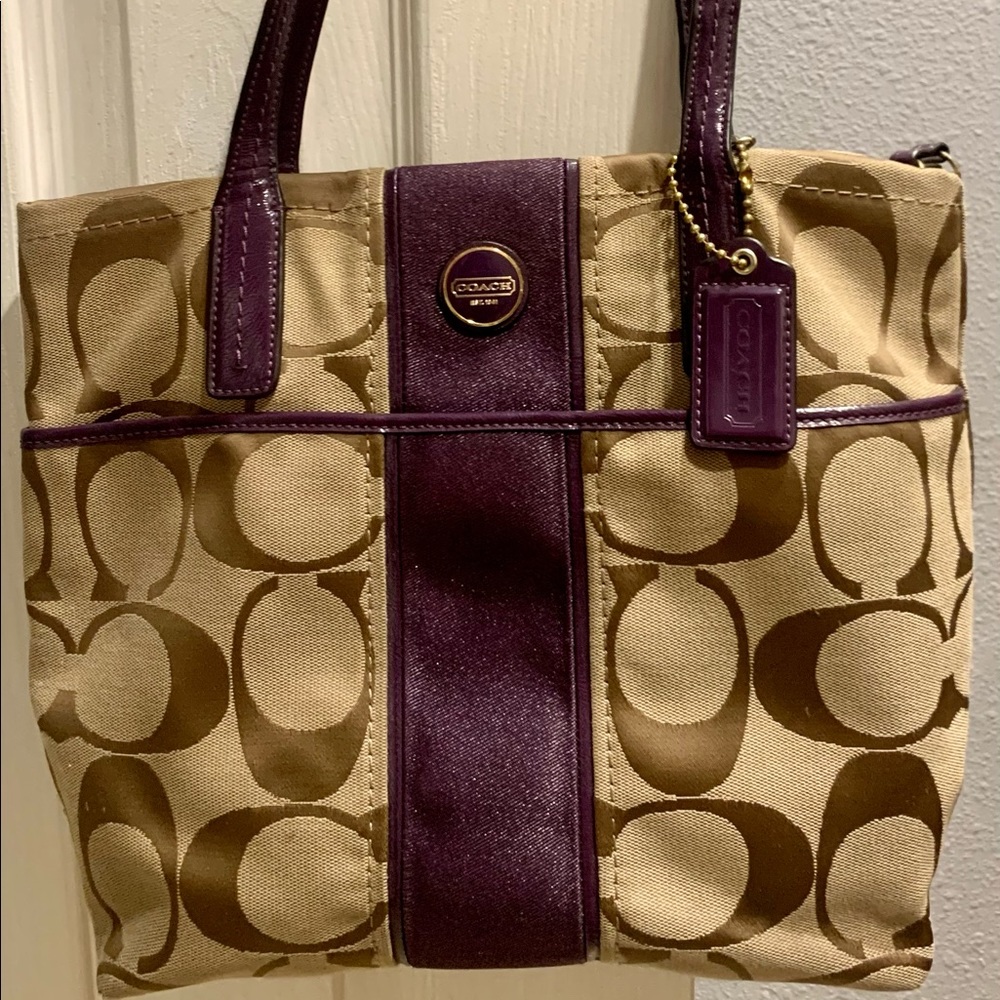 Coach Signature Canvas Fabric with Purple Patent Leather Trim Purse